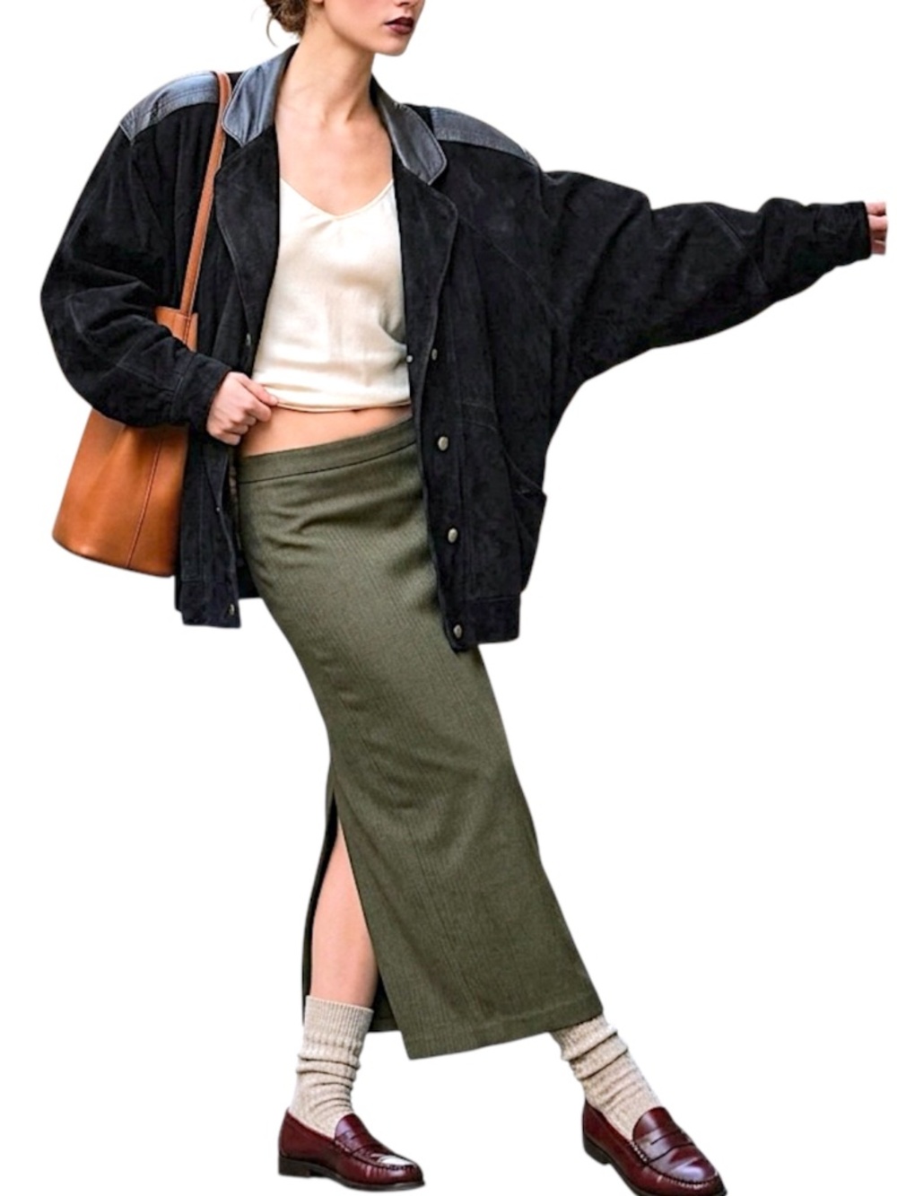 VTG 80s black suede leather slouchy oversized statement shoulder bomber jacket L